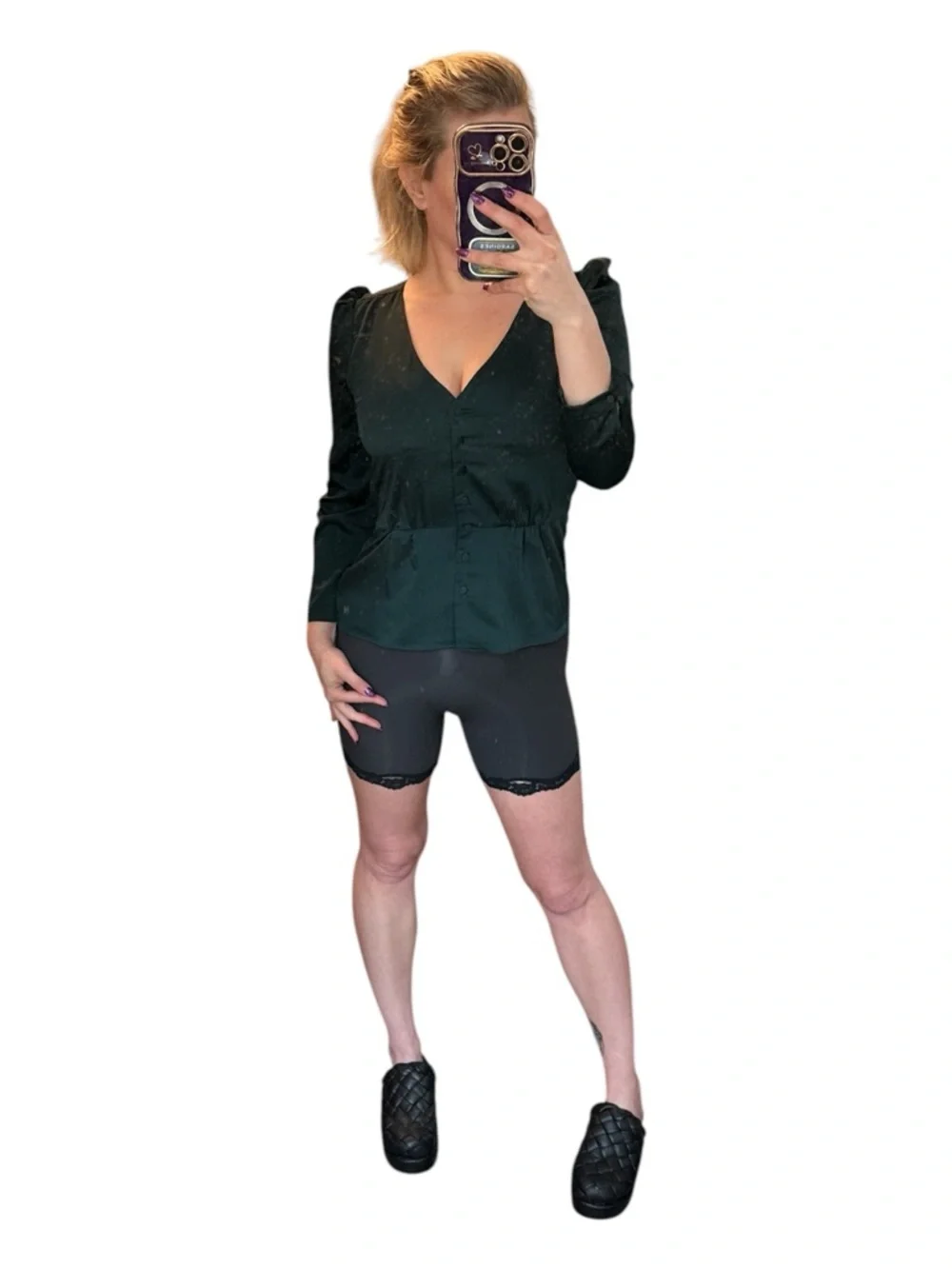 J. Crew Teal Button-Front V-Neck Long-Sleeved Peplum Blouse Size 2